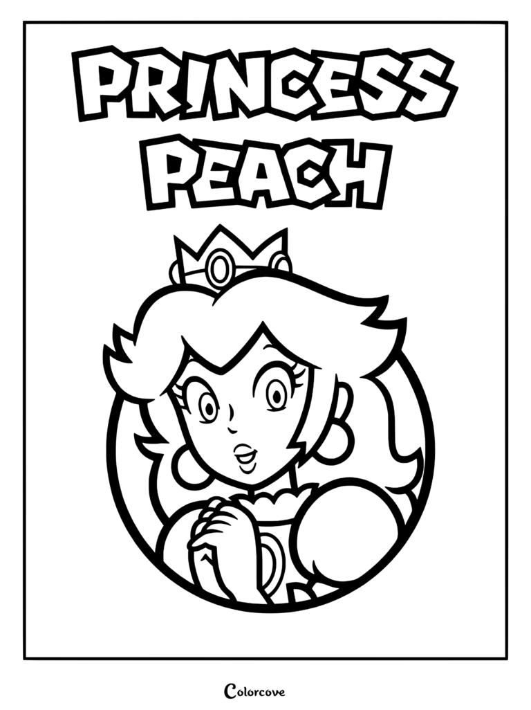 Princess Peach portrait inside a circular frame with bold text above, printable coloring page.