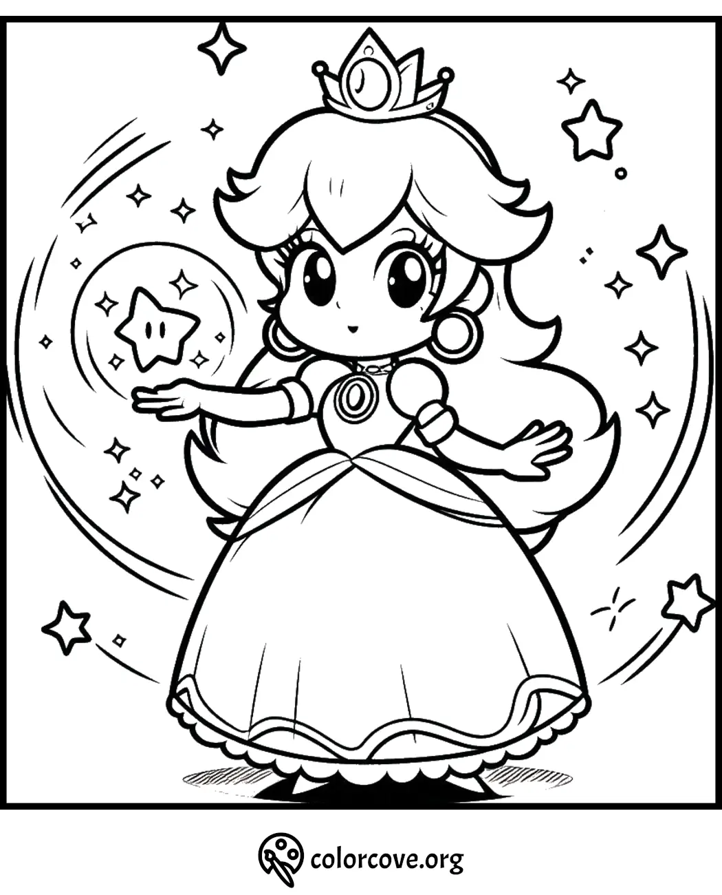 Princess character in a flowing dress with stars around her. Coloring page for kids from colorcove.org.