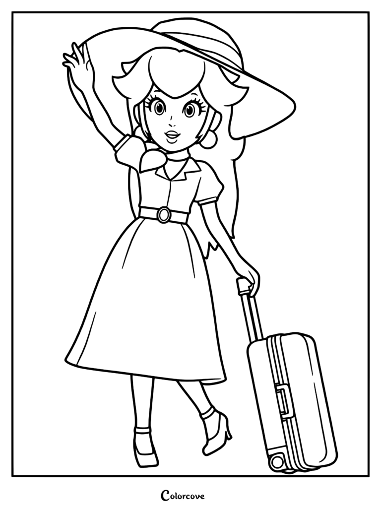 Princess Peach wearing a sun hat and summer dress holding a rolling suitcase in this printable coloring page.