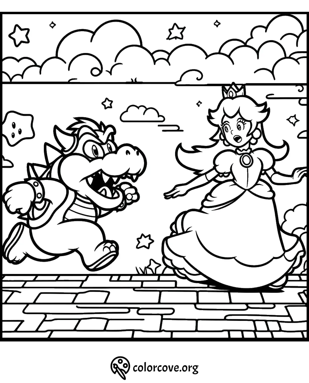 Cartoon dragon chasing princess on a fantasy adventure coloring page with clouds and stars background. Colorcove.org.