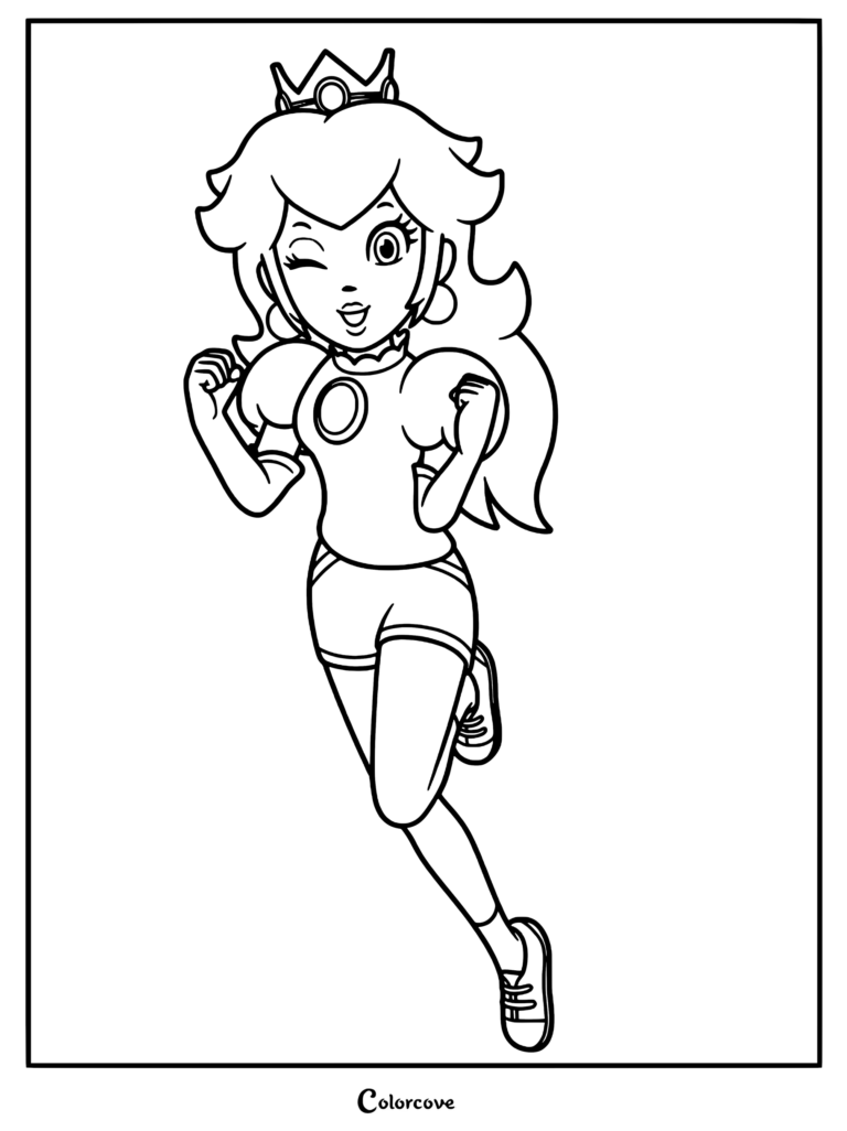 Princess Peach wearing a sporty outfit and crown, winking while running, featured in a printable coloring page.