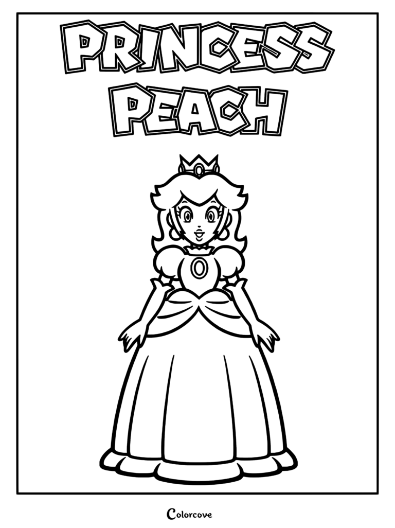 Princess Peach stands wearing her iconic royal gown.