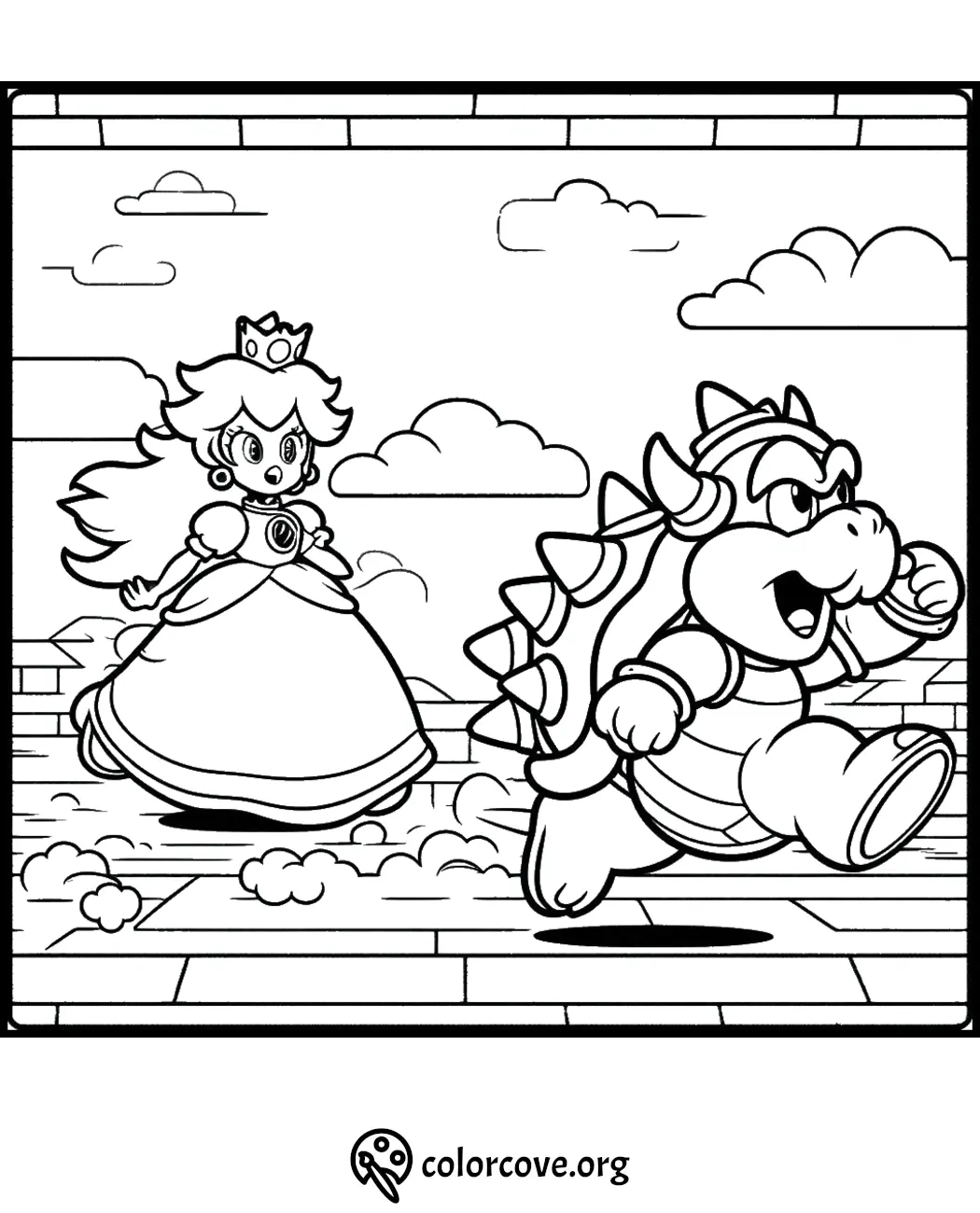 Coloring page featuring a princess being chased by a turtle-like character with spikes, set against a cloudy background.