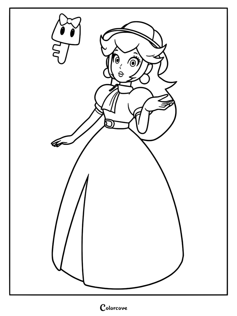 Princess Peach wearing a hat and dress next to a floating key in this printable coloring page.