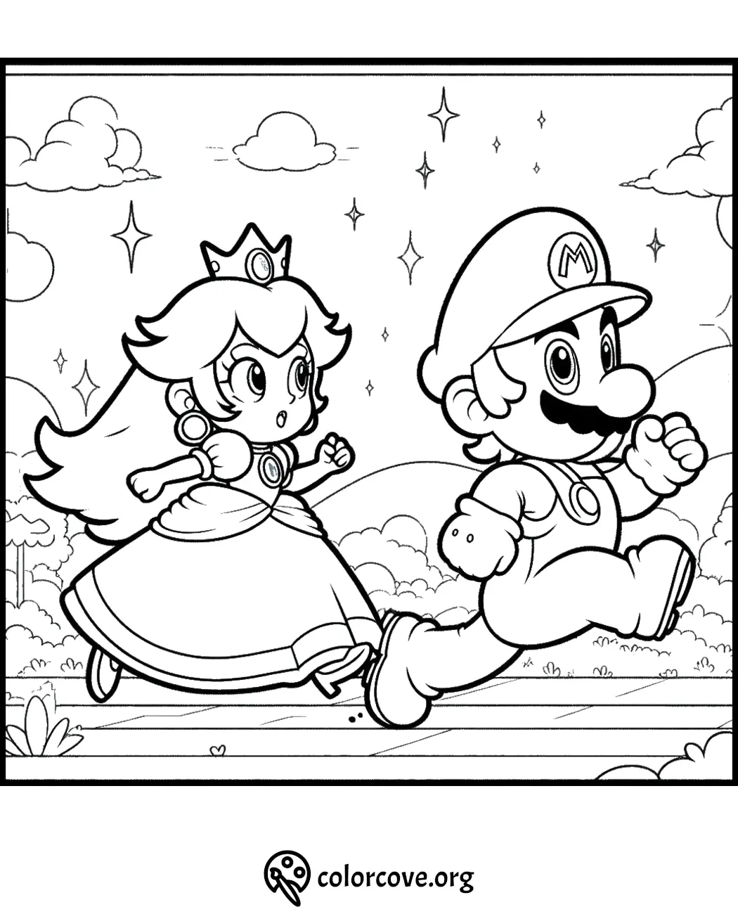 Princess and plumber running together in a whimsical landscape coloring page by ColorCove.org.