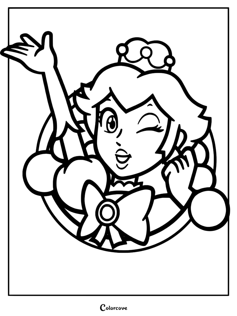 Princess Peach winking and waving her hand in a circular frame coloring page