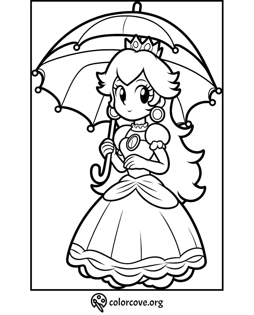 Princess with umbrella coloring page from colorcove.org, perfect for kids to color and enjoy. Printable princess coloring sheet.