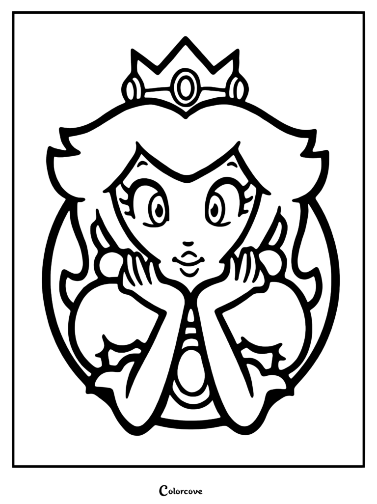 Princess Peach portrait coloring page featuring a close-up of her wearing her crown and resting her chin on her hands.