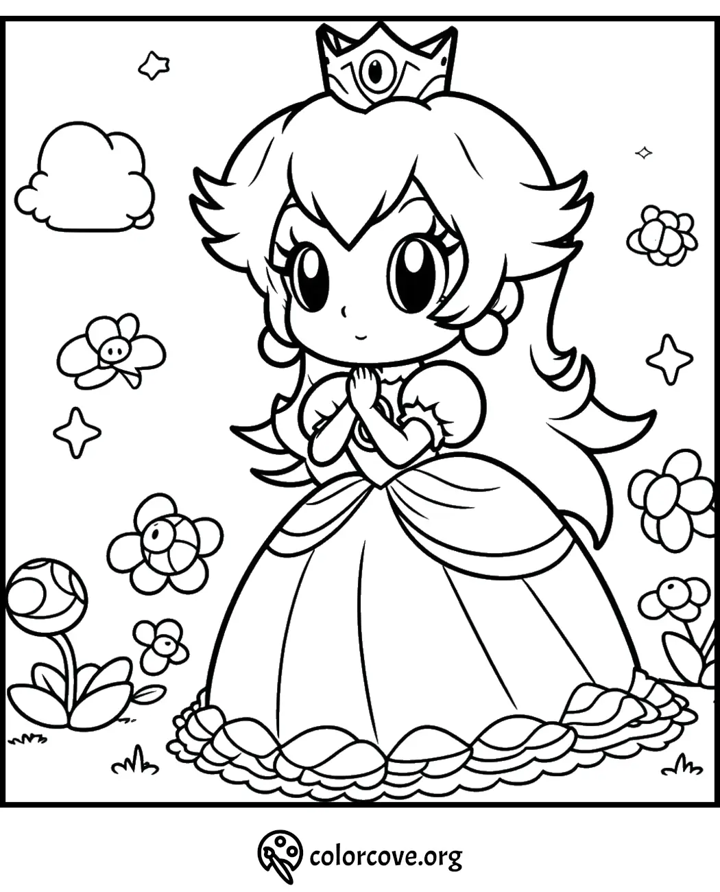 Cute princess coloring page featuring a princess in a gown with a crown, surrounded by flowers and clouds - ColorCove.org