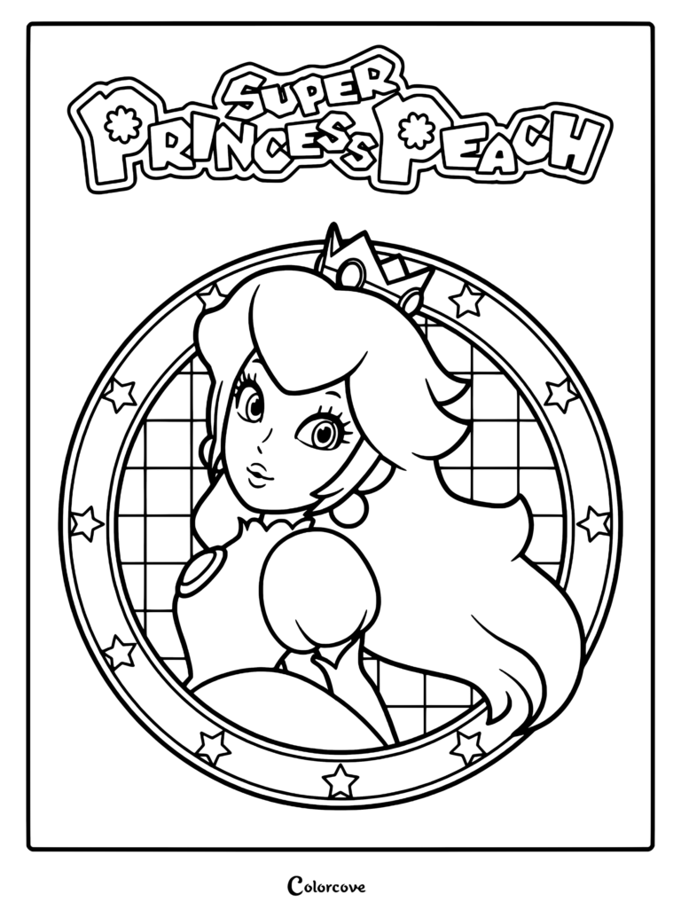 Princess Peach inside a star-bordered circular frame with the Super Princess Peach logo above, a detailed line art coloring page.