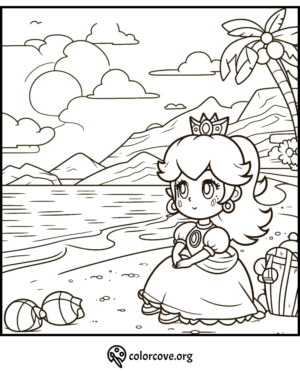 Princess coloring page with beach scene, palm tree, seashells and mountains, ideal for kids' creativity and fun.