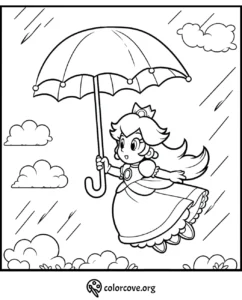 Coloring page of a princess flying with an umbrella in the rain, surrounded by clouds. Ideal for kids and creative activities.
