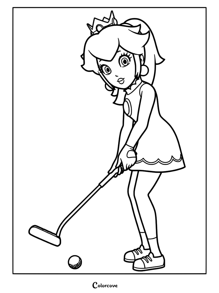 Princess Peach wearing a golf outfit and crown while holding a putter to hit a golf ball in this printable coloring page.