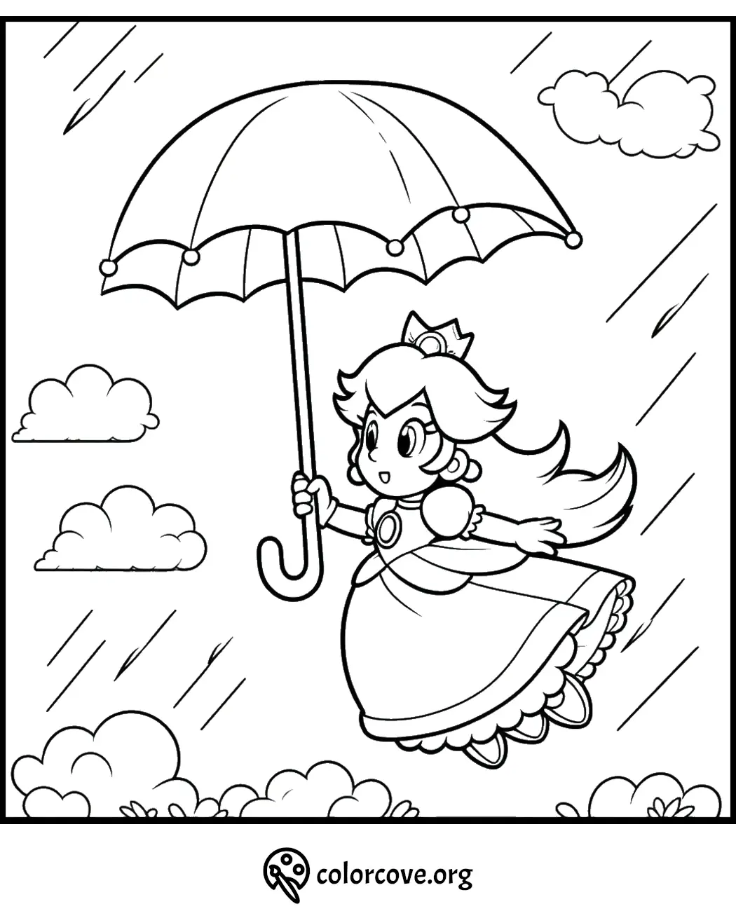 Coloring page of a princess flying with an umbrella in the rain, surrounded by clouds. Ideal for kids and creative activities.