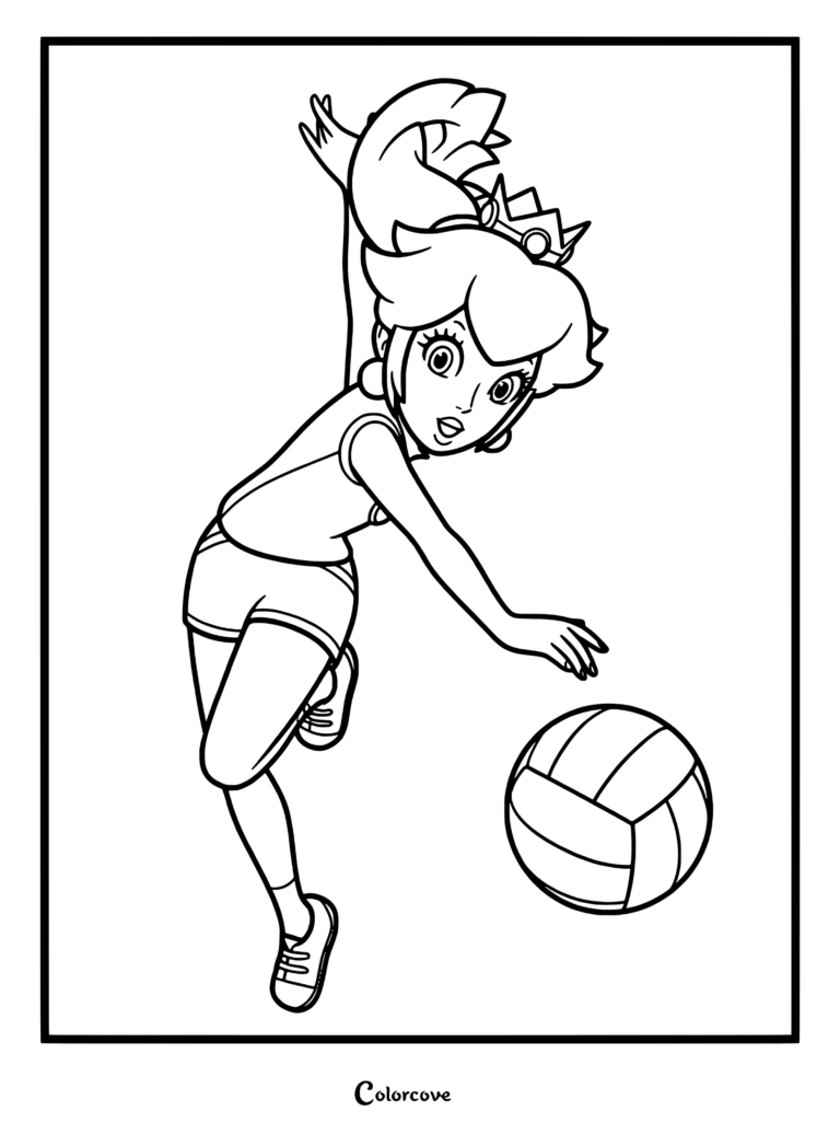 Princess Peach wearing athletic gear and a crown while serving a volleyball in this printable coloring page.