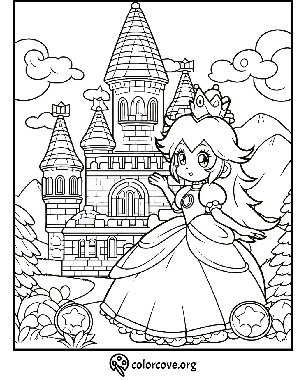 Princess coloring page with castle and clouds, ideal for kids' activity and creative fun. Download and print at colorcove.org.