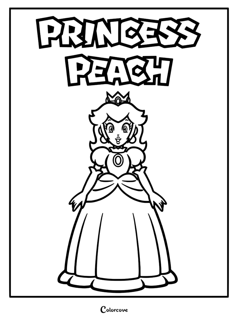 Princess Peach standing in her royal gown, featured on a printable coloring page with bold text header.