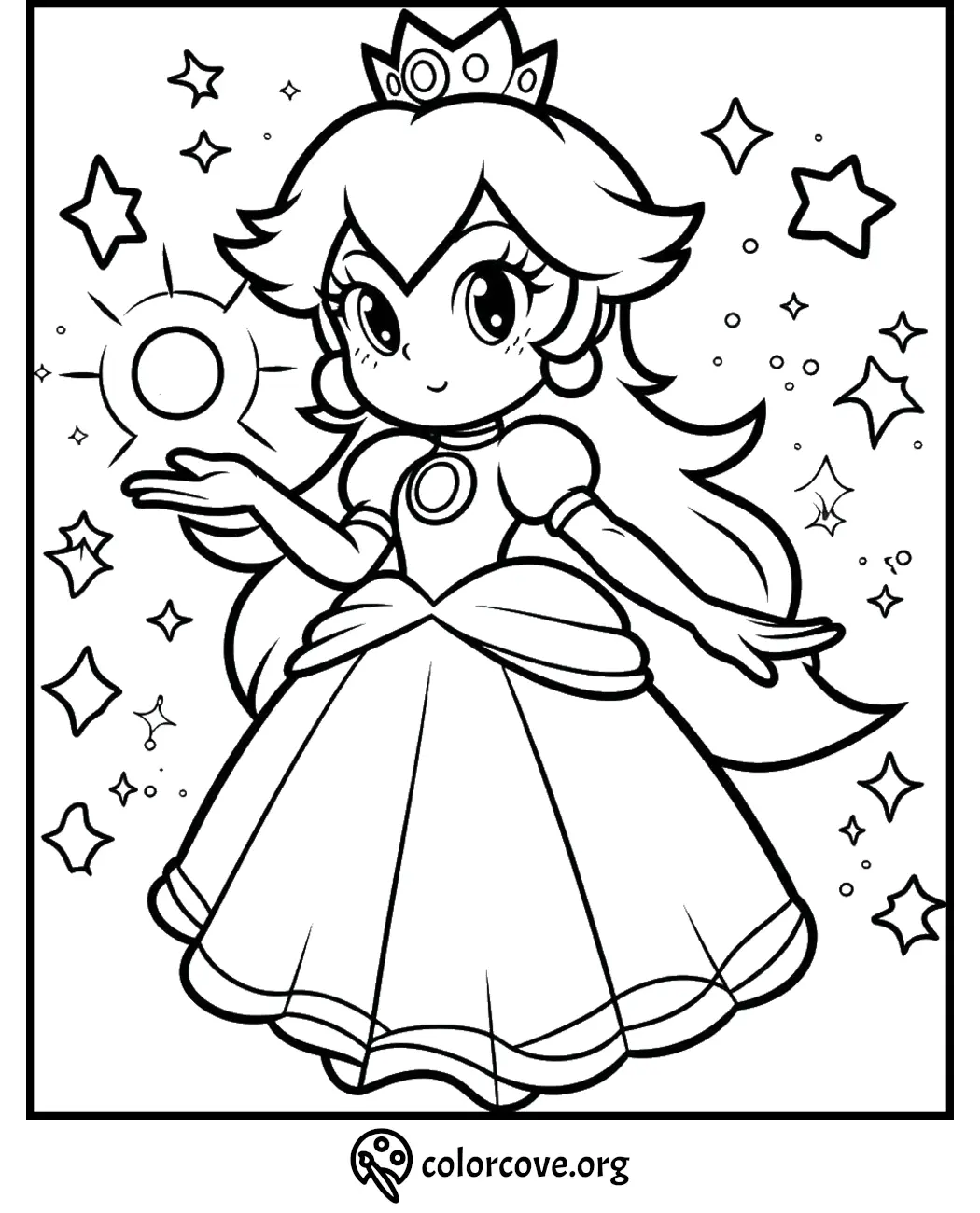 Princess-like character in a dress, holding a star with magic sparkles, coloring page by colorcove.org.