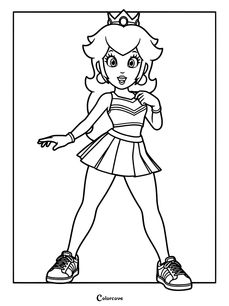 Princess Peach wearing a cheerleader outfit with a pleated skirt and sneakers in this printable coloring page.