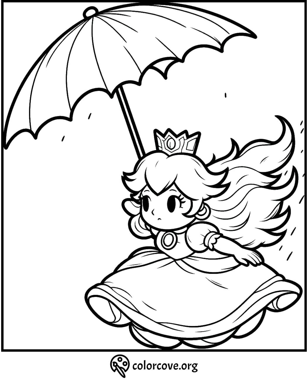 Princess holding an umbrella coloring page for kids. Free downloadable coloring sheet from colorcove.org.