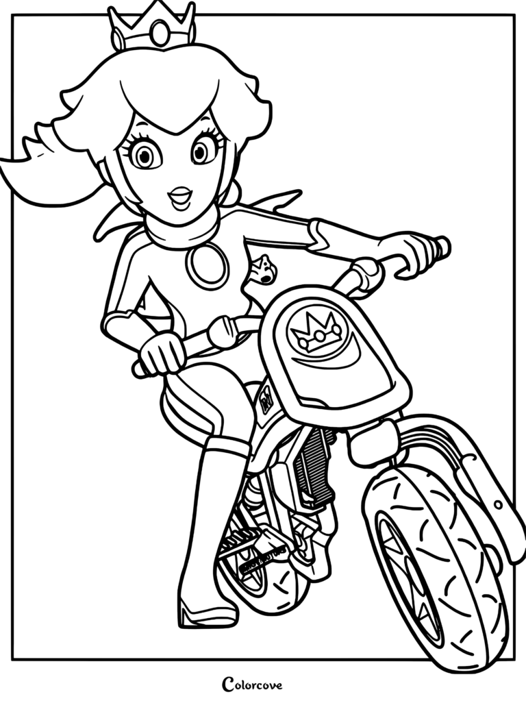Princess Peach wearing a biker suit riding a motorcycle in this detailed coloring page.