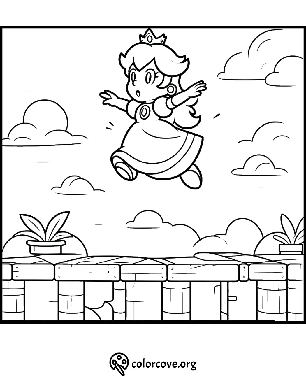 Princess jumping over platform coloring page for kids to color.