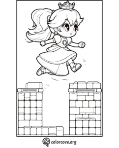 Princess coloring page featuring a cartoon princess jumping over castle blocks. Perfect for kids who love fairy tales!