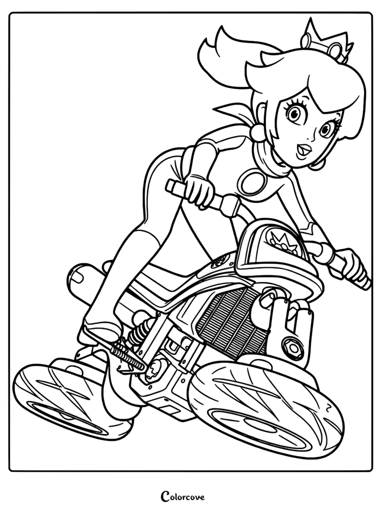 Princess Peach wearing a biker suit riding a motorcycle in this detailed line art coloring page.