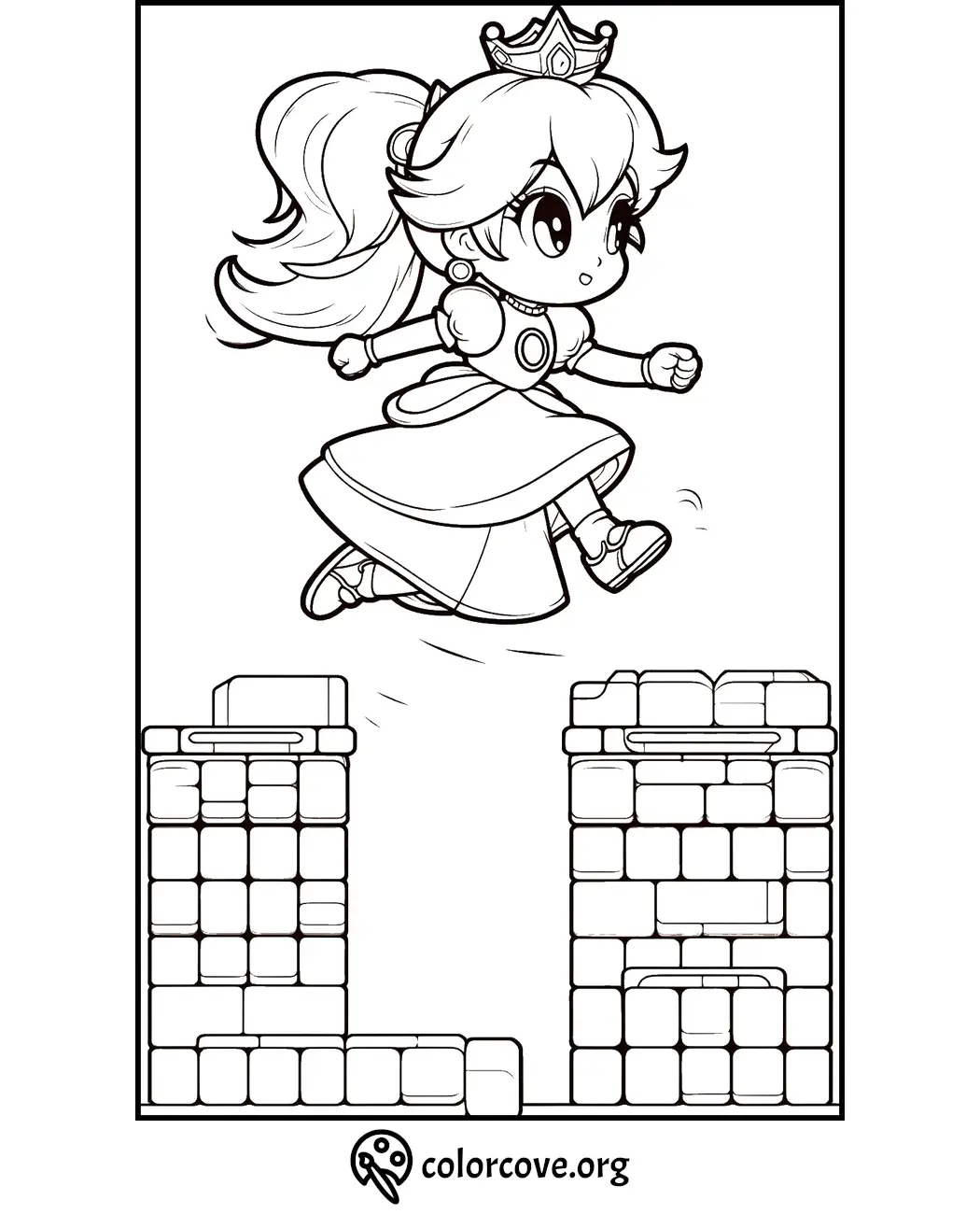 Princess coloring page featuring a cartoon princess jumping over castle blocks. Perfect for kids who love fairy tales!