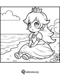 Princess coloring page on beach, sitting on sand with crown and dress. Child-friendly, printable from colorcove.org.