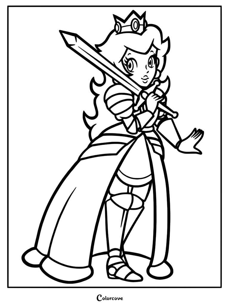 Princess Peach wearing knight armor and holding a sword in this printable coloring page.