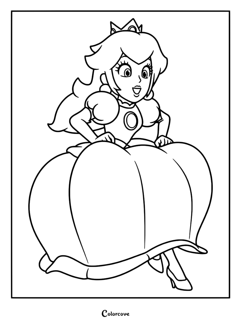 Princess Peach with an excited expression wearing her signature crown and gown in this printable coloring page.