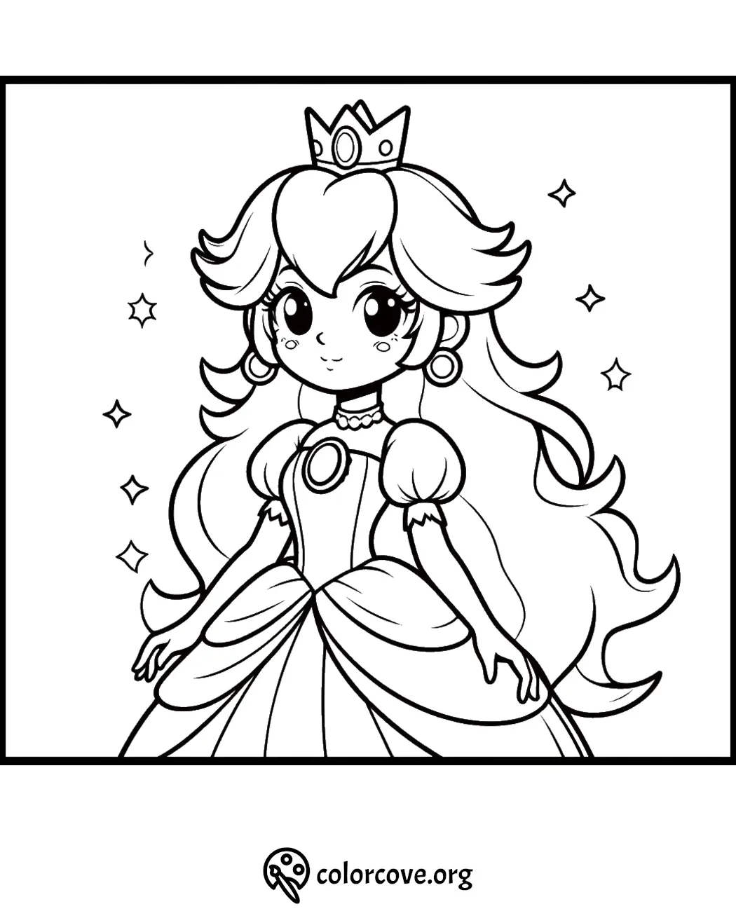 Coloring page of a princess with long hair, crown, and elegant dress. Free printable for kids at colorcove.org.