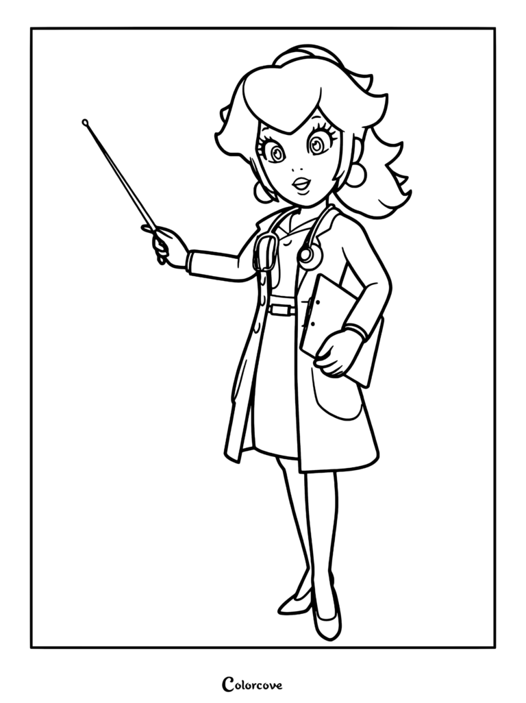 Princess Peach dressed as a doctor holding a clipboard and pointing with a medical pointer in this printable coloring page.