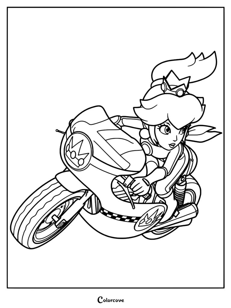 Princess Peach riding a sports motorcycle in this detailed line art coloring page.