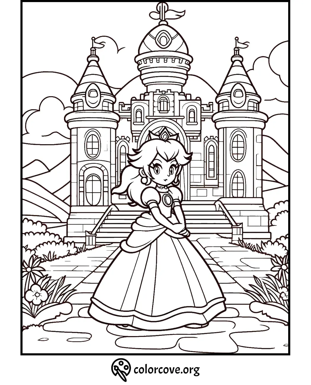 Princess standing in front of a majestic castle coloring page. Perfect for kids to color and enjoy! #coloringpage #princess