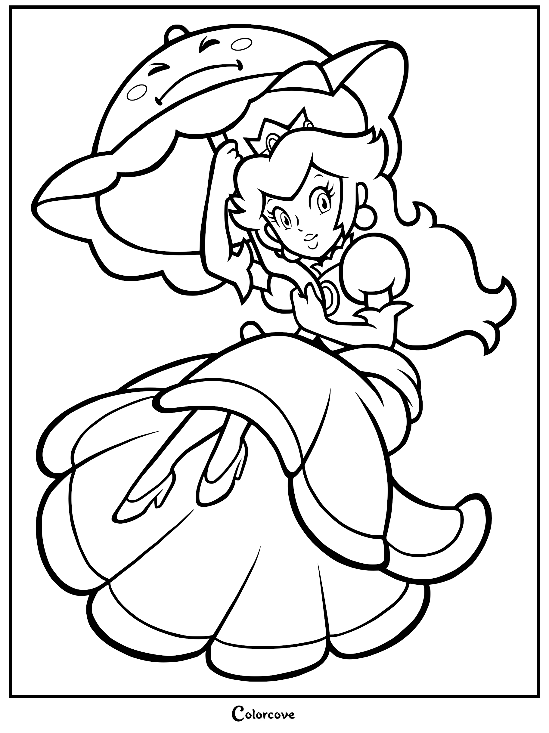Download and print this free Princess Peach coloring page featuring her signature parasol and royal dress. It's a perfect creative activity for Super Mario fans of all ages!