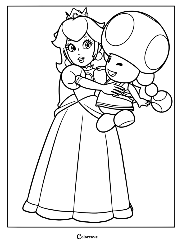 Princess Peach wearing her royal gown and crown while giving a happy Toad a warm hug in this printable coloring page.