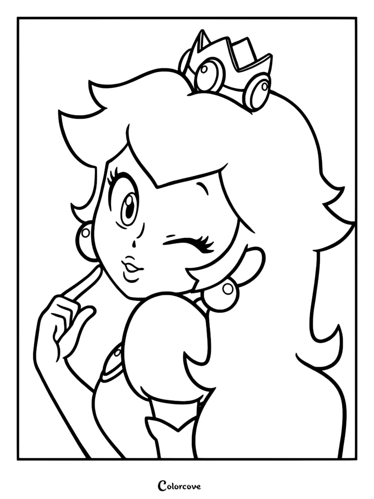 Princess Peach winking and touching her cheek in a detailed line art coloring page.