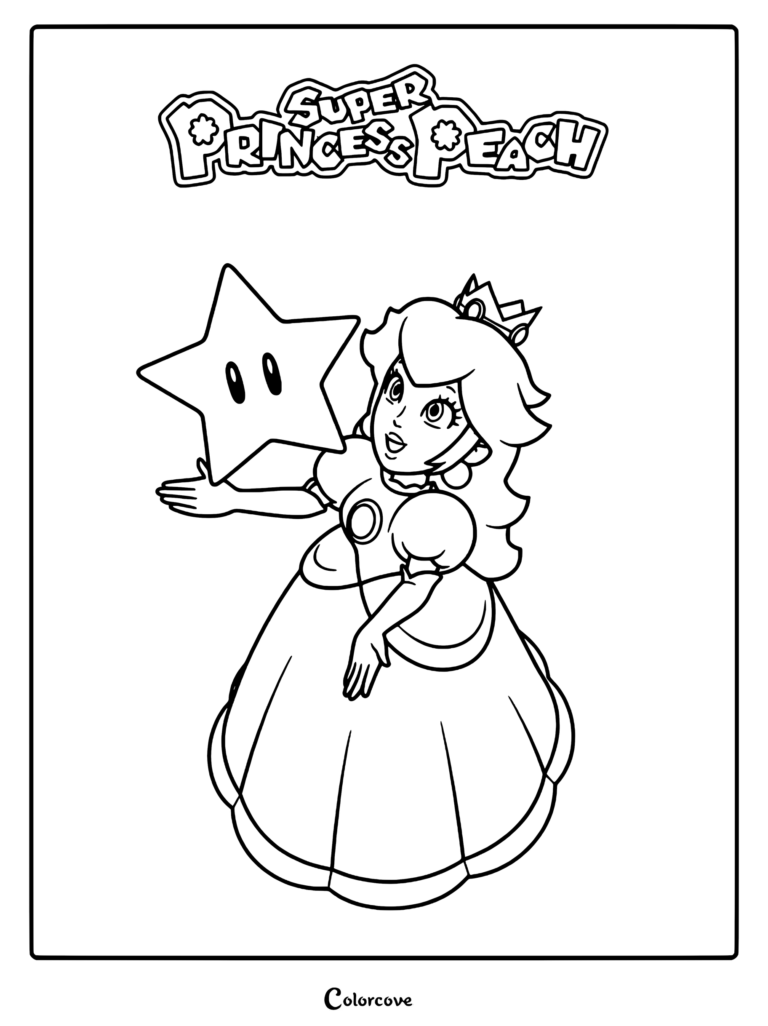 Princess Peach holding a Super Star in this printable Super Princess Peach coloring page line art.