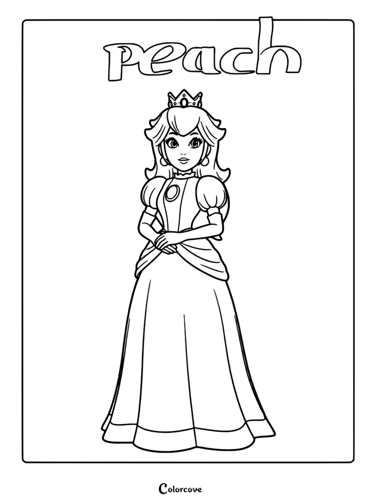 Princess Peach standing in her royal gown with the name Peach written above in this printable coloring page.