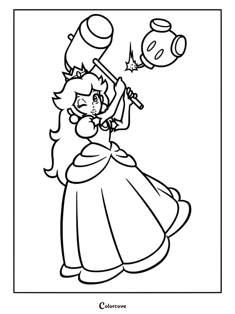 Princess Peach winking while swinging a large hammer at a Bob-omb in this printable coloring page.