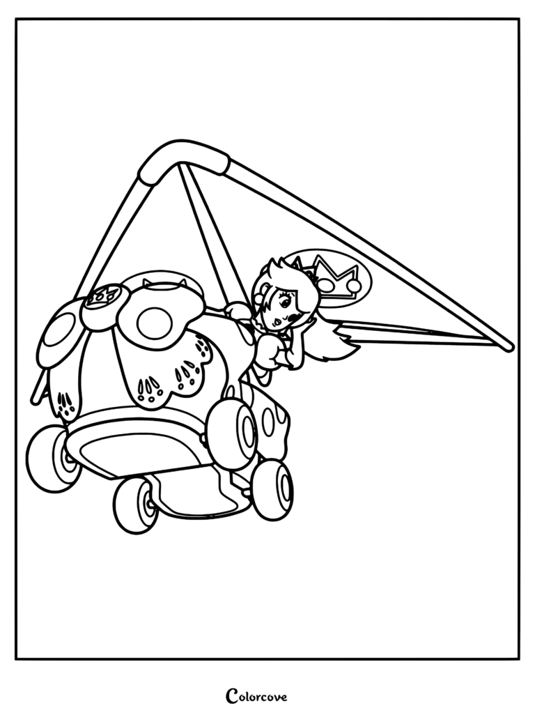 Princess Peach driving a kart with a hang glider attachment in this printable coloring page.