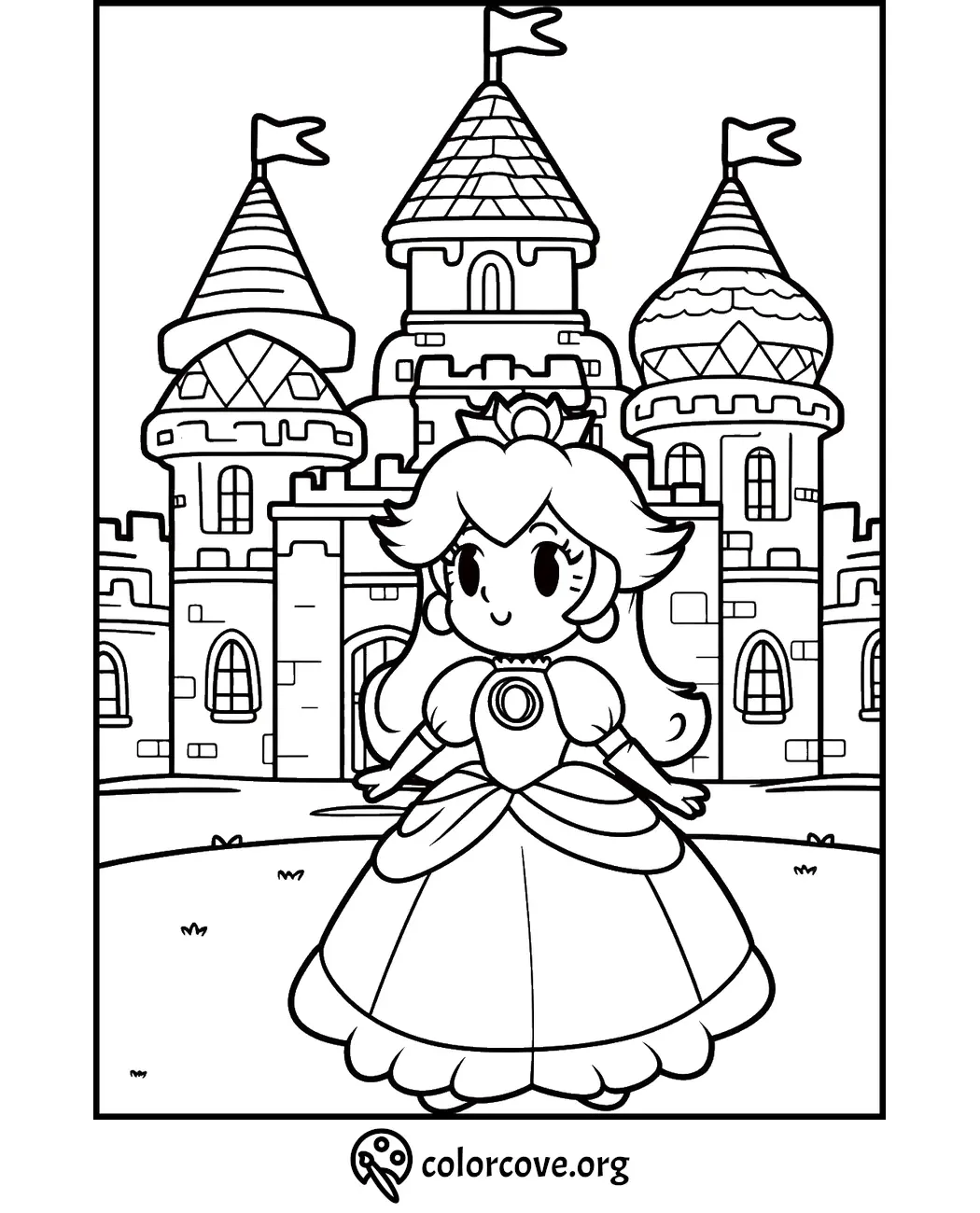 Princess in front of a castle coloring page for kids to color. Print this princess castle coloring sheet from colorcove.org.