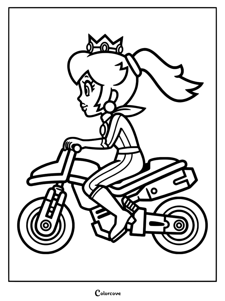 Princess Peach wearing a ponytail and biker suit riding a motorcycle in this printable coloring page.