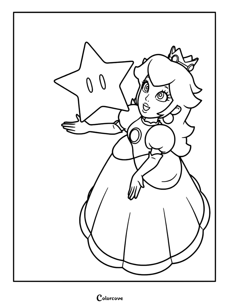 Princess Peach wearing her crown and gown holding a Super Star in this printable coloring page.