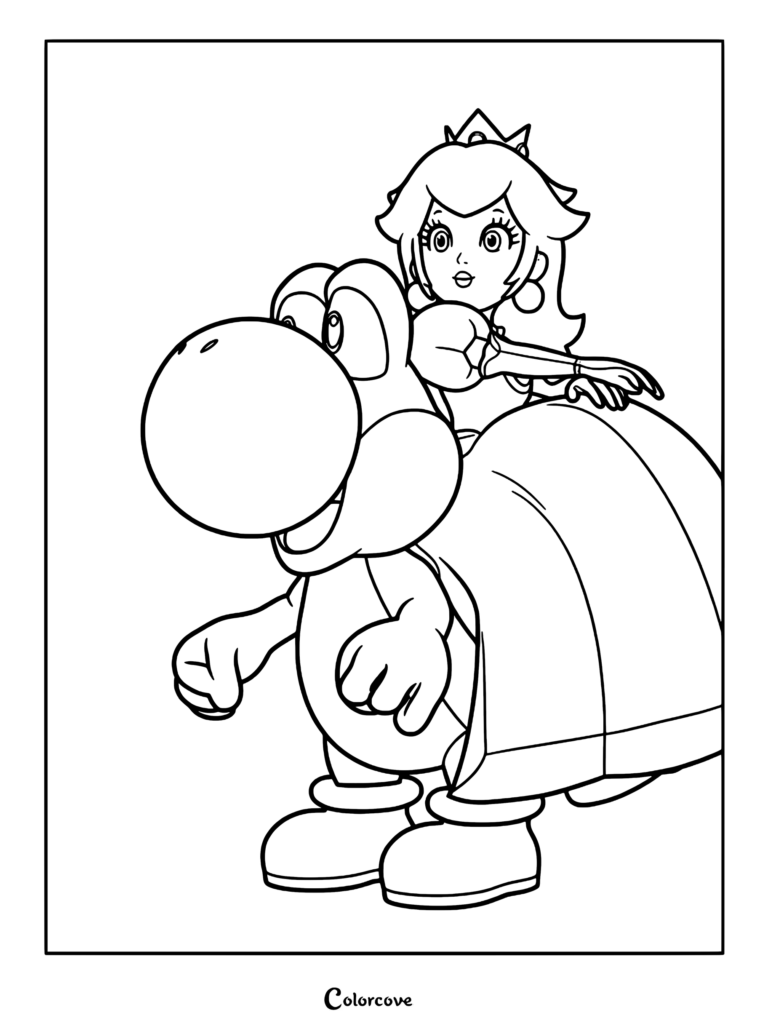 Princess Peach sitting on Yoshi's back in this printable coloring page line art.
