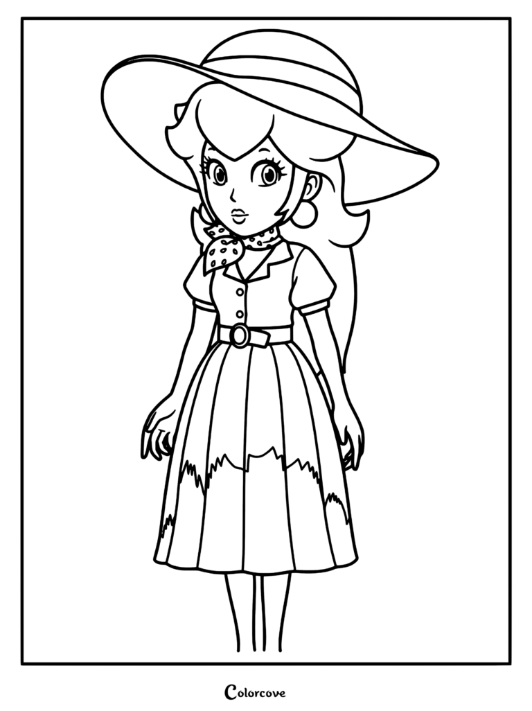 Princess Peach wearing a wide-brimmed sun hat, polka dot neckerchief, and summer dress in this printable coloring page.