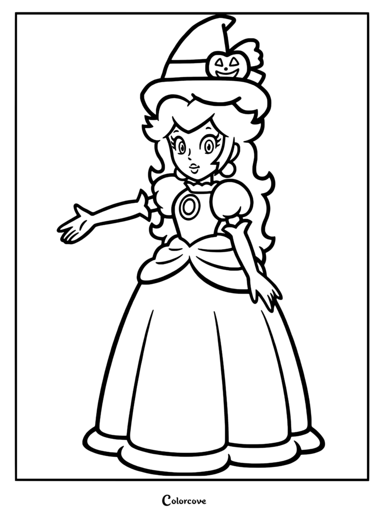 Princess Peach wearing a witch hat with a jack-o'-lantern emblem in this printable coloring page.