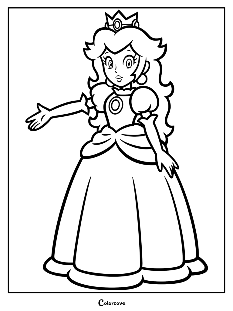 Princess Peach wearing her signature crown and gown in a standing pose coloring page
